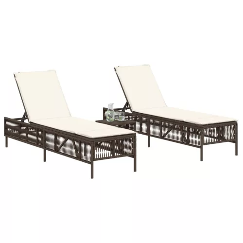  2 db barna polyrattan napozóágy asztallal