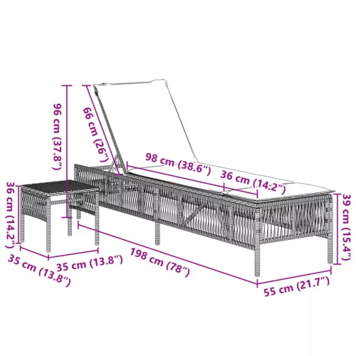  2 db szürke polyrattan napozóágy asztallal
