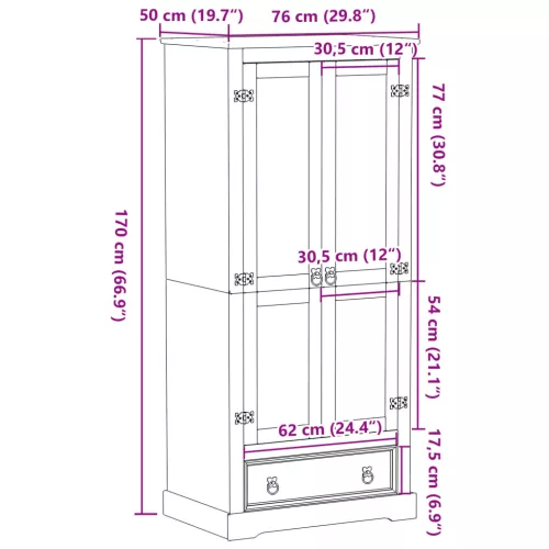  Corona tömör fenyőfa ruhásszekrény 76x50x170 cm