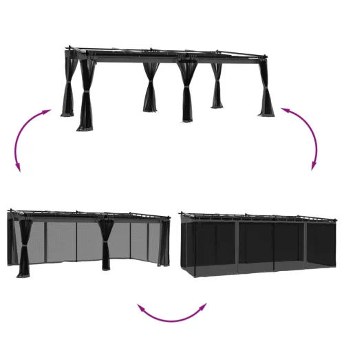  antracitszürke acél pavilon hálós oldalakkal 6 x 3 m