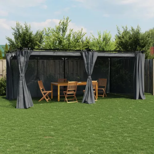  antracitszürke acél pavilon függönyökkel 6 x 3 m