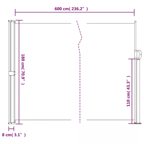  barna behúzható oldalsó napellenző 180 x 600 cm