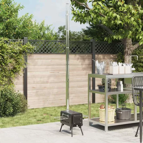  fekete acél sátorkályha kéménnyel és összecsukható lábakkal