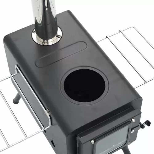  fekete acél sátorkályha kéménnyel és összecsukható lábakkal