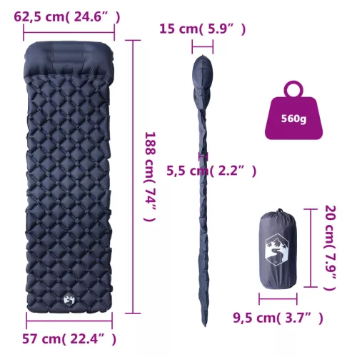  1 személyes szürke felfújható kempingmatrac párnával