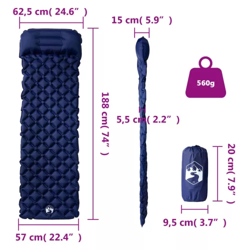  1 személyes tengerészkék felfújható kempingmatrac párnával