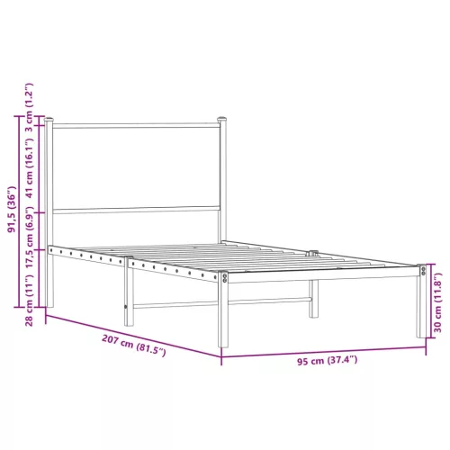  barna tölgy színű fém ágykeret matrac nélkül 90 x 200 cm