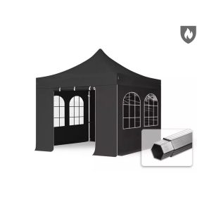   TP 3x3m összecsukható 850N alumínium pavilon, 4 db oldalfallal, hagyományos ablakkal, tűzálló - fekete