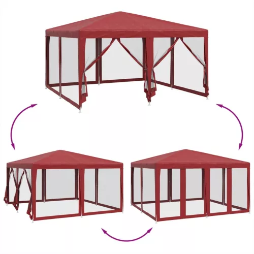  piros HDPE rendezvénysátor 8 hálós oldalfallal 4 x 4 m