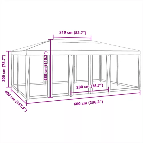  fehér HDPE rendezvénysátor 10 hálós oldalfallal 6 x 4 m