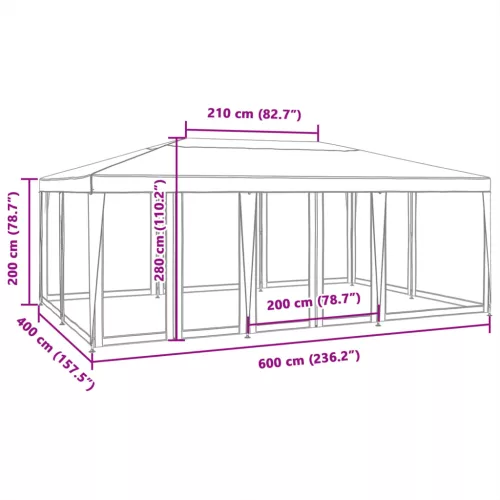  antracitszürke HDPE rendezvénysátor 10 hálós oldalfallal 6x4 m