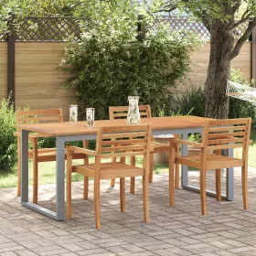    Kültéri Étkező Asztal Szürke 200x90x75 cm Acél és Tölgydeszkás