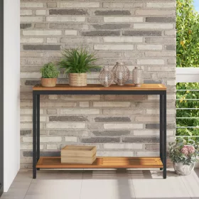    Kültéri Asztal Természetes és Fekete 35x110x75 cm Tömör Fa és Acél