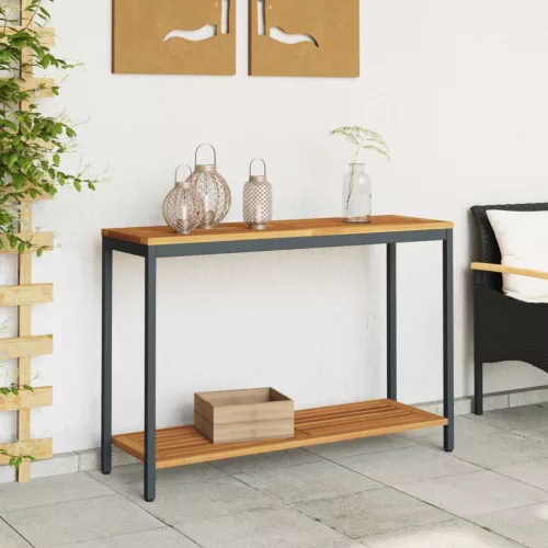  Kültéri Asztal Természetes és Fekete 35x110x75 cm Tömör Fa és Acél