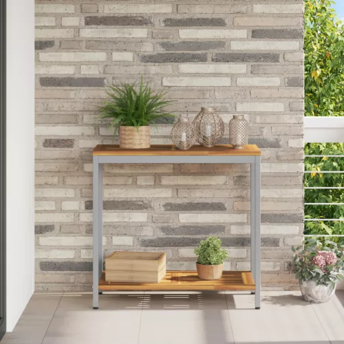  Kültéri Asztal Természetes és Szürke 35x80x75 cm Tömör Fa és Acél