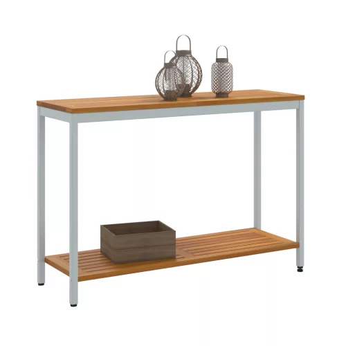  kültéri asztal természetes és szürke 35x110x75 cm tömör fa és acél