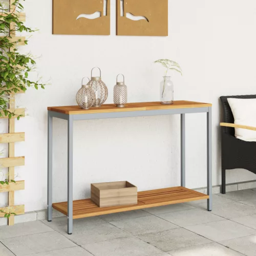  kültéri asztal természetes és szürke 35x110x75 cm tömör fa és acél