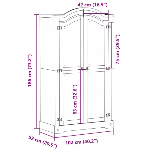  Corona tömör fenyőfa ruhásszekrény 102 x 52 x 186 cm