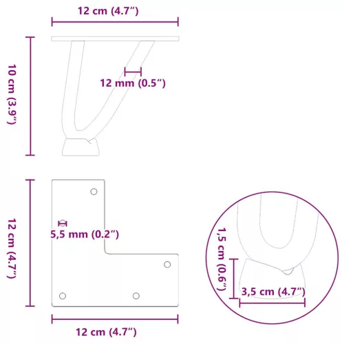  4 db fekete, tömör acél hajtűláb dohányzóasztalhoz, 10 cm
