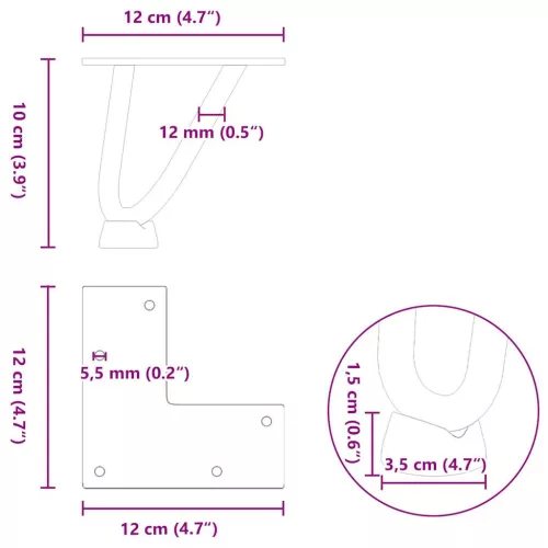  4 db fehér, tömör acél hajtűláb dohányzóasztalhoz, 10 cm