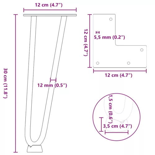  4 db fekete, tömör acél hajtűláb dohányzóasztalhoz, 30 cm