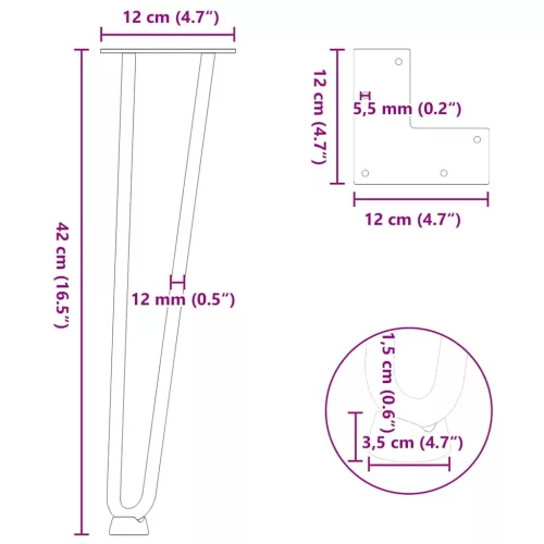  4 db fehér, tömör acél hajtűláb dohányzóasztalhoz 42 cm