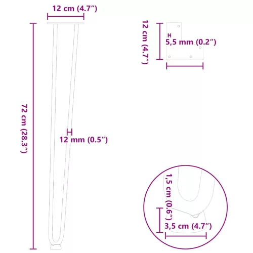  4 db-os antracit színű, 72 cm-es tömör acél hajtűlábak konzolasztalhoz