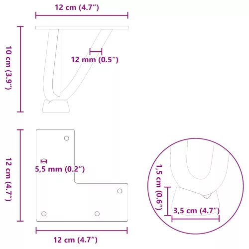  4 db fekete, tömör acél hajtűláb dohányzóasztalhoz, 10 cm