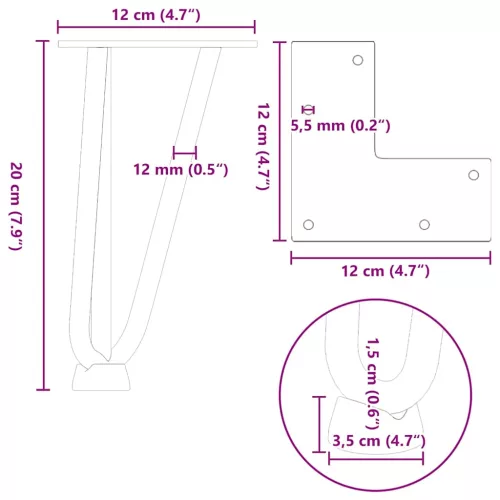  4 db fekete, tömör acél hajtűláb dohányzóasztalhoz, 20 cm