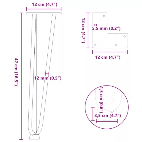  4 db fekete, tömör acél hajtűláb dohányzóasztalhoz 42 cm