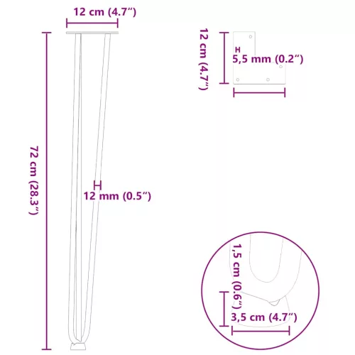  4 db-os hajtűlábak konzolasztalhoz, 72 cm, tömör acél, fekete