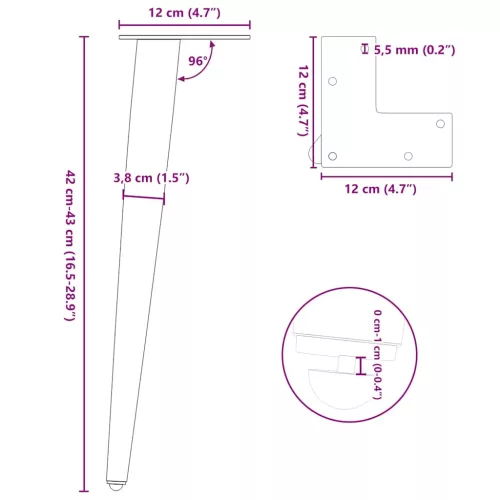  4 db antracitszürke kúpos alakú dohányzóasztal láb 42-43 cm acél