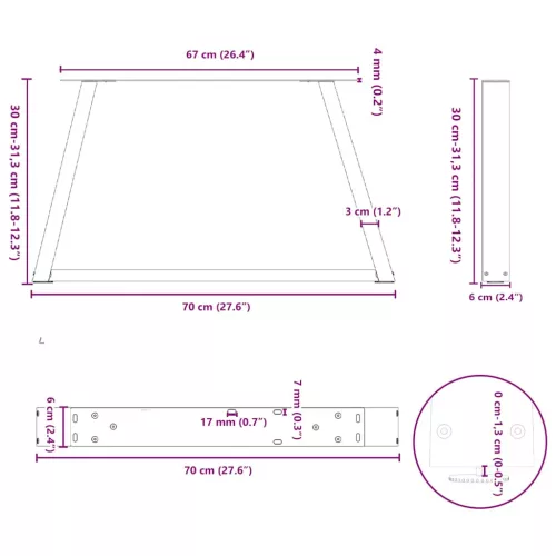  2 db fekete, V-alakú acél dohányzóasztal láb 70 x (30-31,3) cm