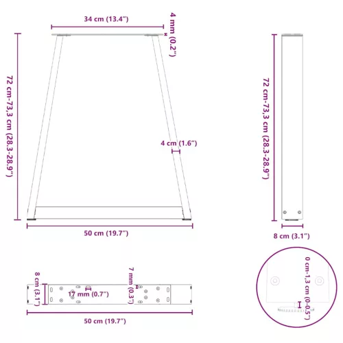  2 db antracitszürke, V-alakú acél étkezőasztalláb 50x(72-73,3) cm