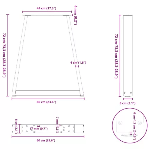  2 db fekete, V-alakú acél étkezőasztal láb 60 x (72-73,3) cm
