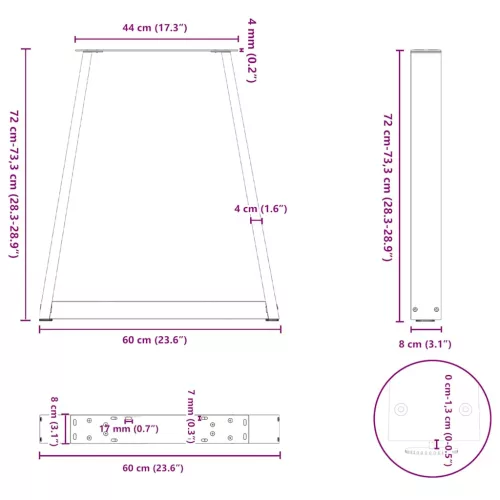  2 db antracitszürke, V-alakú acél étkezőasztalláb 60 x (72-73,3) cm