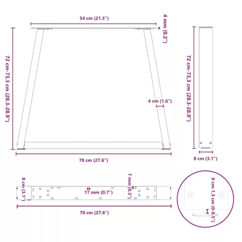  3 db antracitszürke, V-alakú acél étkezőasztalláb 70 x (72-73,3) cm