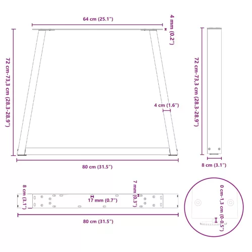  3 db antracitszürke, V-alakú acél étkezőasztalláb 80 x (72-73,3) cm