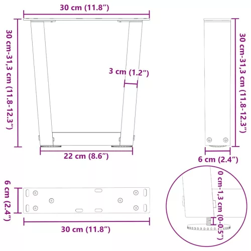  2 db antracitszürke, V-alakú acél dohányzóasztal láb 30x(30-31,3) cm