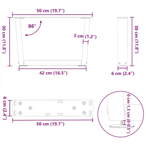  2 db V-alakú natúr acél dohányzóasztal láb 50x(30-31,3) cm