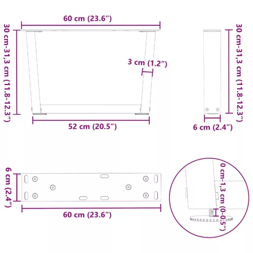  2 db fehér, V-alakú acél dohányzóasztal láb 60 x (30-31,3) cm