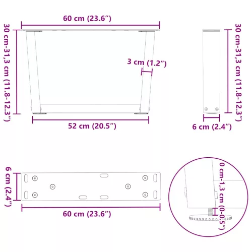  2 db antracitszürke, V-alakú acél dohányzóasztal láb 60 x (30-31,3) cm