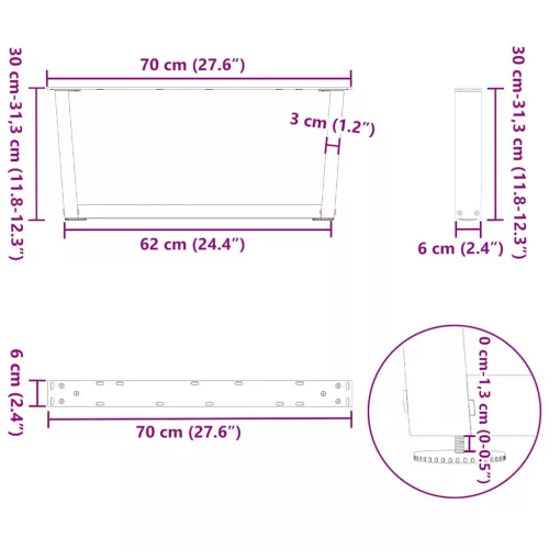  2 db fekete, V-alakú acél dohányzóasztal láb 70 x (30-31,3) cm