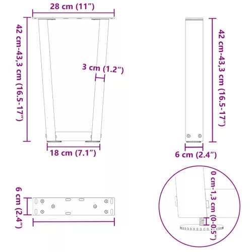  2 db fekete, V-alakú acél dohányzóasztal láb 28 x (42-43,3) cm