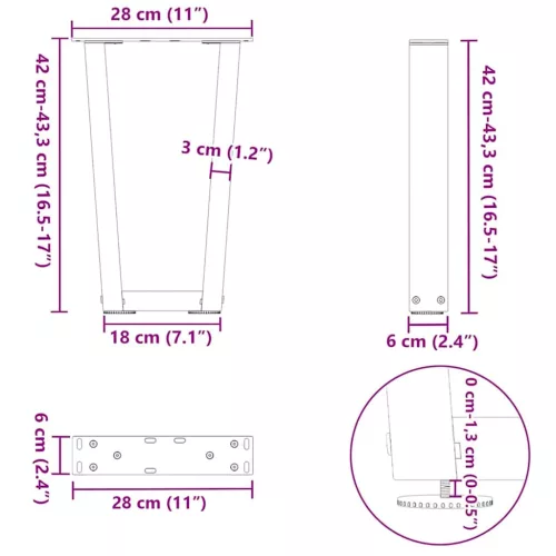  2 db antracitszürke, V-alakú acél dohányzóasztal láb 28 x (42-43,3) cm