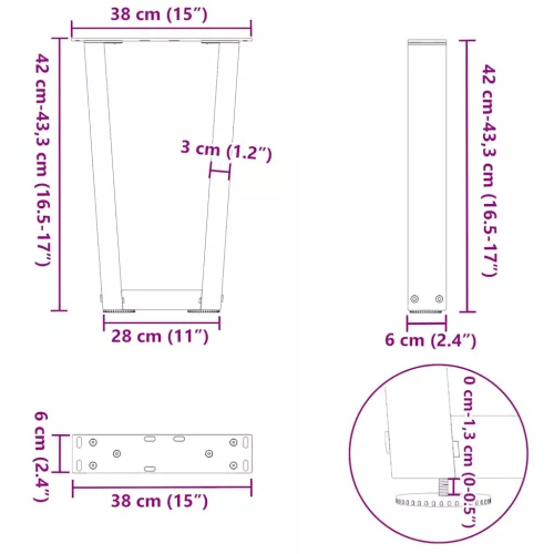  2 db fekete, V-alakú acél dohányzóasztal láb 38 x (42-43,3) cm