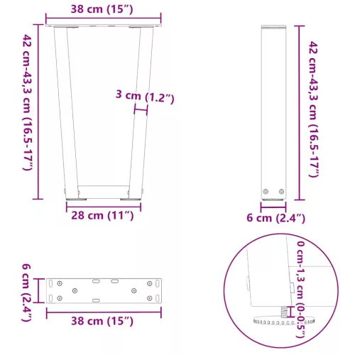  2 db antracitszürke, V-alakú acél dohányzóasztal láb 38x(42-43,3) cm