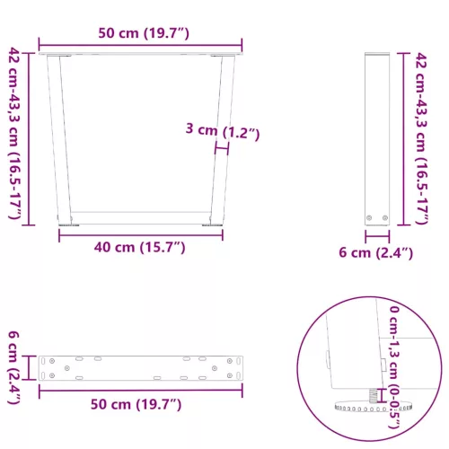  2 db fekete, V-alakú acél dohányzóasztal láb 50 x (42-43,3) cm