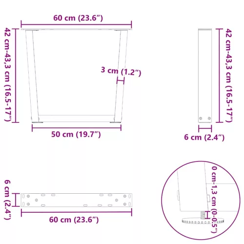  2 db fekete, V-alakú acél dohányzóasztal láb 60 x (42-43,3) cm