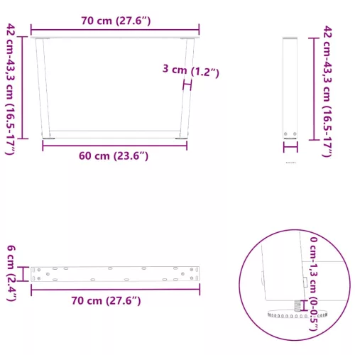  2 db fekete, V-alakú acél dohányzóasztal láb 70 x (42-43,3) cm
